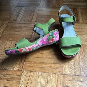 Ara Green wedge sandals with pink flower soles.